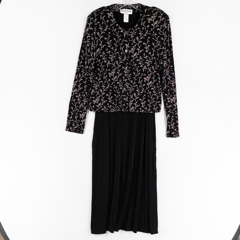 Vintage Ronni Nicole Dress Jacket Set Sz 12P 2 Piece Black Floral Slinky Stretch